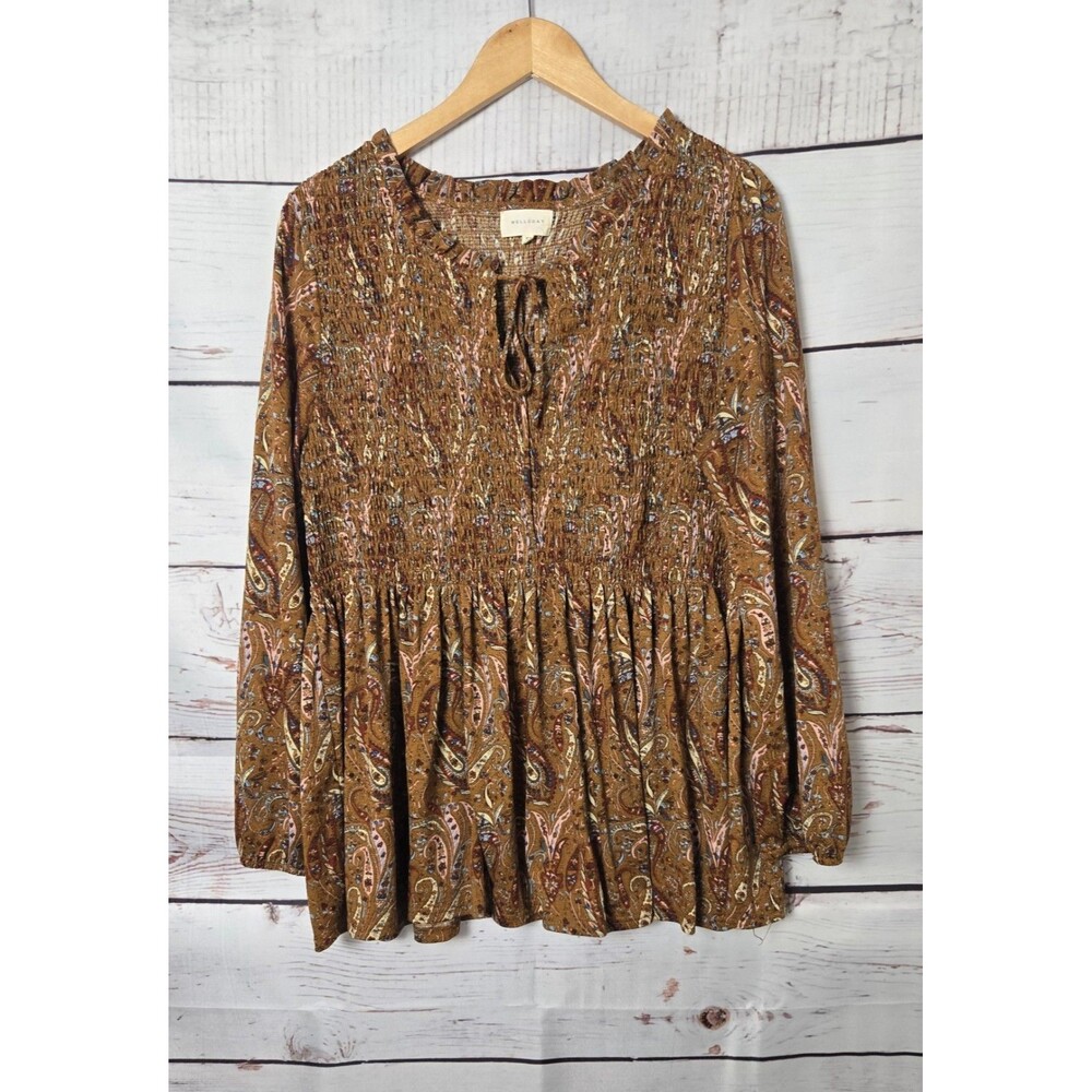 Melloday Womens Top Size XL Brown Paisley Smocked Peasant Long Sleeve  Ruffle